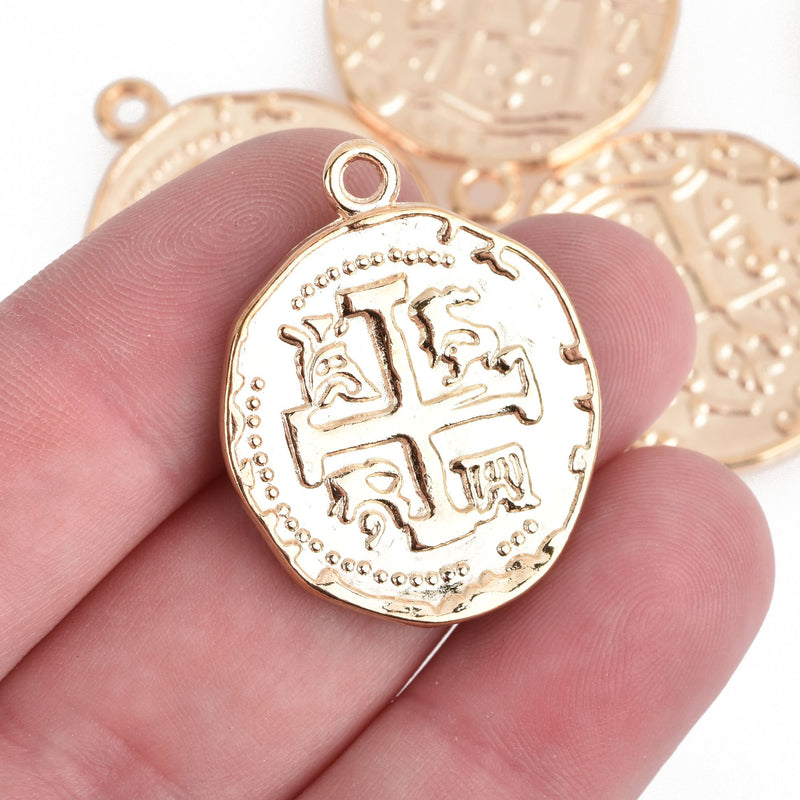 Light Gold Coin Relic Charm Pendants, round coin charms, gold plated metal, double sided design, 30x25mm, chs4116