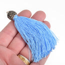SKY BLUE Tassel Pendant, Tassel Necklace Enhancer, Rayon Fibers, Lt Gold Loop, Pave' Rhinestone Bail, about 3-1/4" long, chs4117