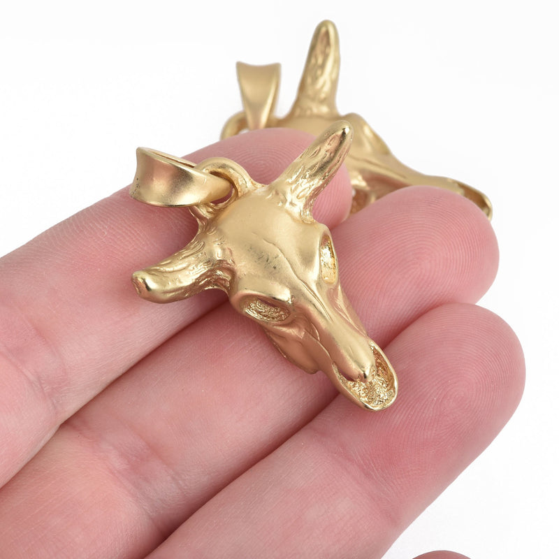 2 MATTE GOLD Metal Longhorn COW Skull Charms or Pendants Steer Skull Pendant, Gold Bull Skull, 42x30mm, chs4118