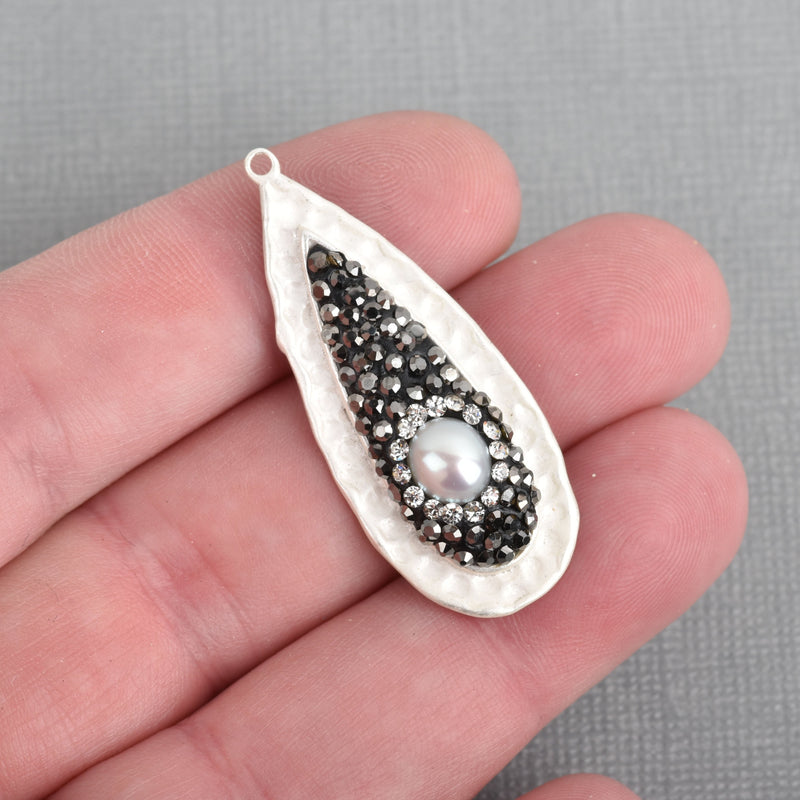 Teardrop Matte Silver Pearl Charm pave crystals on hammered silver base, 41x16mm, chs4119