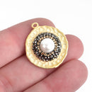 Round Matte GOLD Pearl Charm pave crystals on hammered metal base, 28x25mm, chs4120