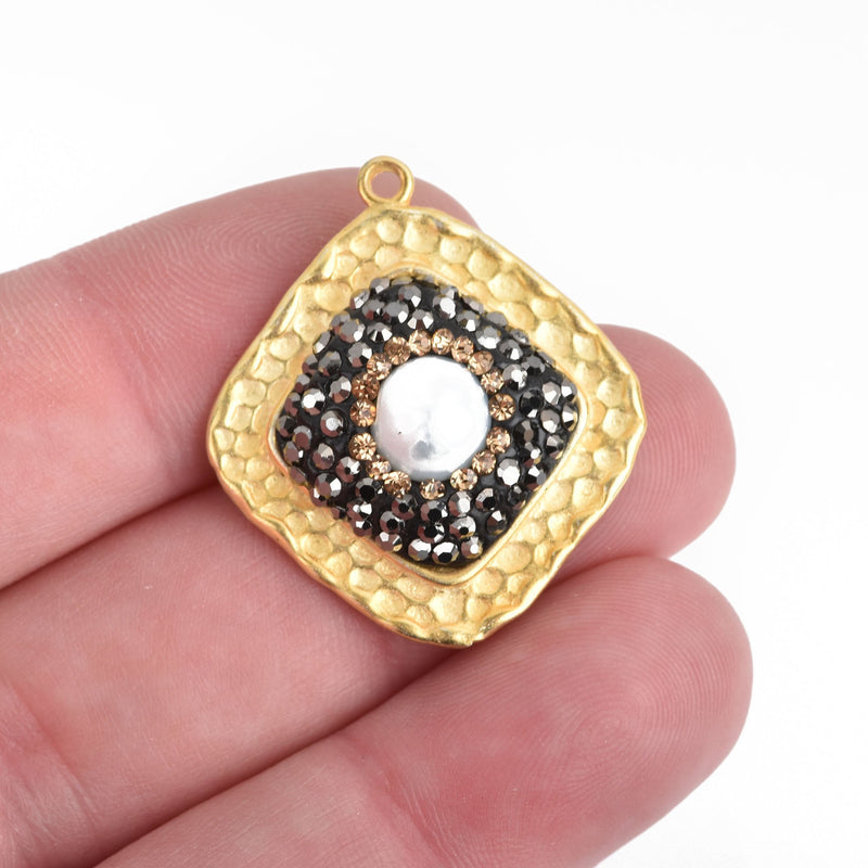 Square Matte GOLD Pearl Charm pave crystals on hammered metal base, 31x28mm, chs4121