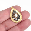 Teardrop Matte Gold Pearl Charm pave crystals on hammered metal base, 29x20mm, chs4122