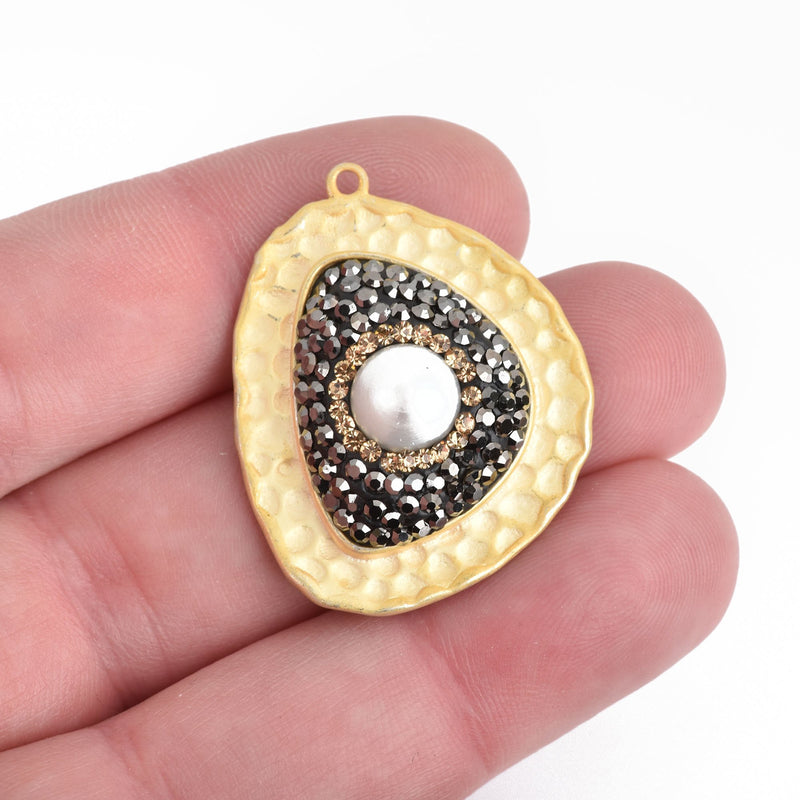 Triangle Teardrop Matte GOLD Pearl Charm pave crystals on hammered metal base, 35x27mm, chs4123