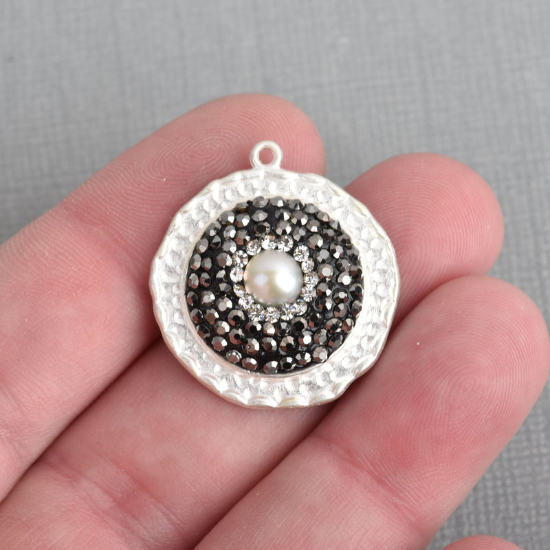 Round Matte Silver Pearl Charm pave crystals on hammered silver base, 28x25mm, chs4124