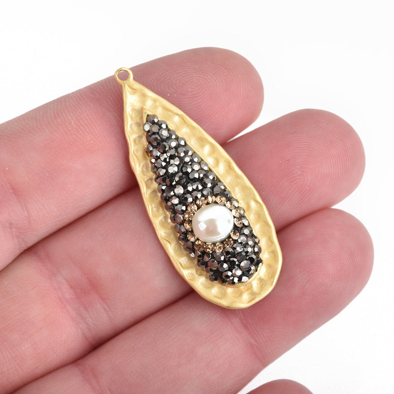 Teardrop Matte Gold  Pearl Charm pave crystals on hammered silver base, 41x16mm, chs4125