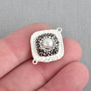 Square Matte Silver Pearl Charm Connector Link pave crystals on hammered silver base, 25mm, chs4127