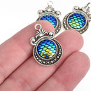 3 MERMAID Charms, Blue Green AB, Mermaid Scale Charms, Silver Bezel, Fairy Tale Charms, 28mm, chs4130