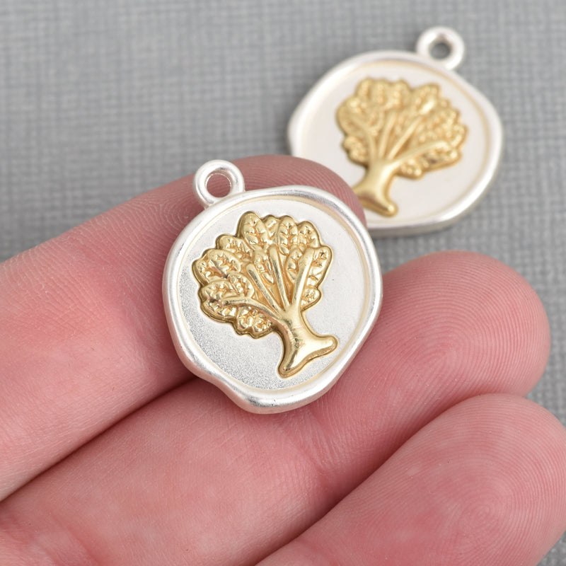 5 Tree Charms MATTE Silver Coin with Gold Tree, Tree of Life Charms, round coin charms, 24x20mm, chs4134