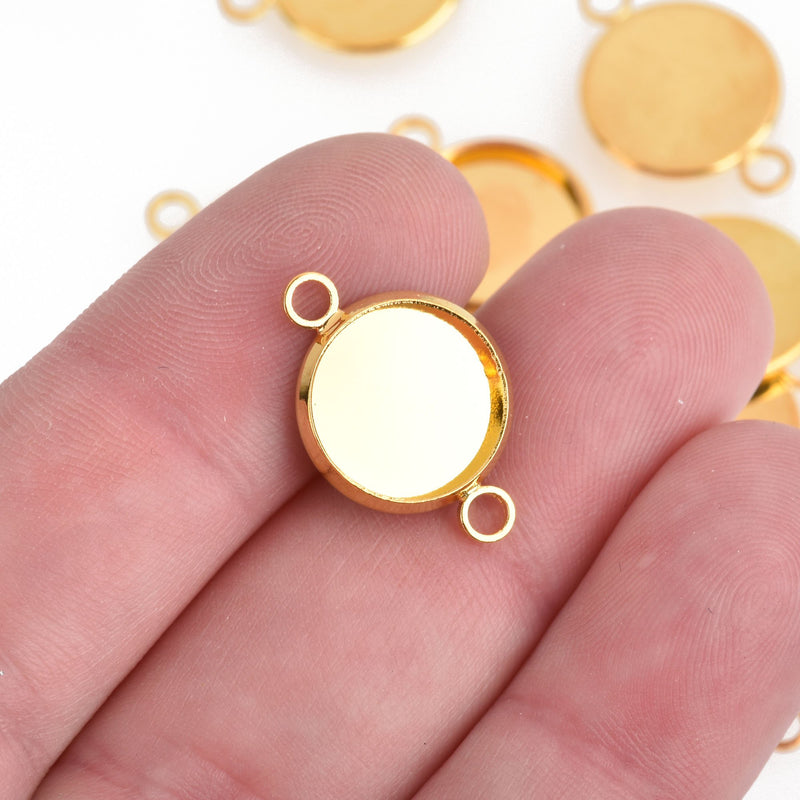 10 Gold Round Circle CABOCHON SETTING Bezel Frame Charm Connector Link, Tray fits 12mm cabs, chs4136