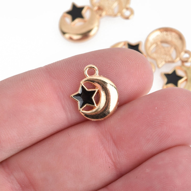 10 LIGHT GOLD Moon Star Charms black enamel 14x12mm, chs4139