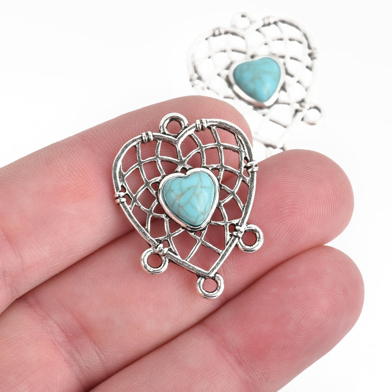 5 Silver HEART DREAMCATCHER Dream Catcher Charms, 1 to 3 link connector, chandelier findings, turquoise colored bead in center, chs4144
