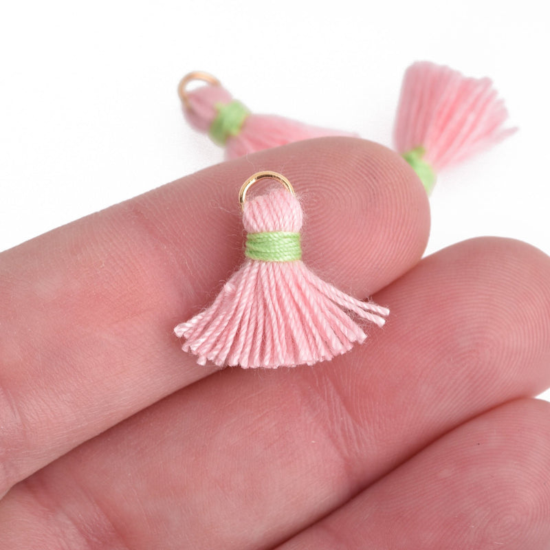 20 LIGHT PINK and Green Cotton TASSEL Charms 18mm long (about 5/8"), chs4146