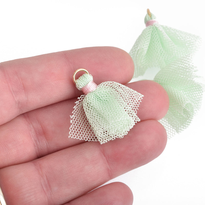 10 Pastel GREEN and Pink Tulle TASSEL Charms 28mm long (about 1-1/8"), chs4152