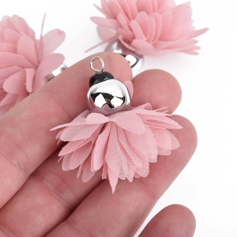 3 PINK BLUSH Flower Rose Polyester Fabric Tassel Charms SILVER plated cap 40mm long (about 1-5/8") chs4153