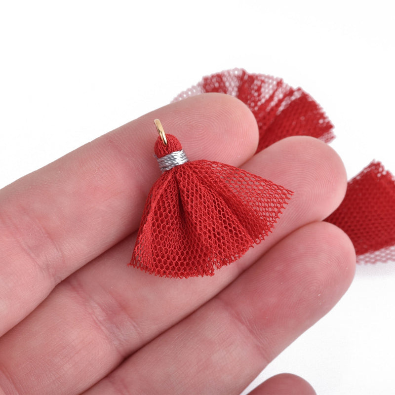 10 RED Tulle TASSEL Charms 28mm long (about 1-1/8"), chs4154