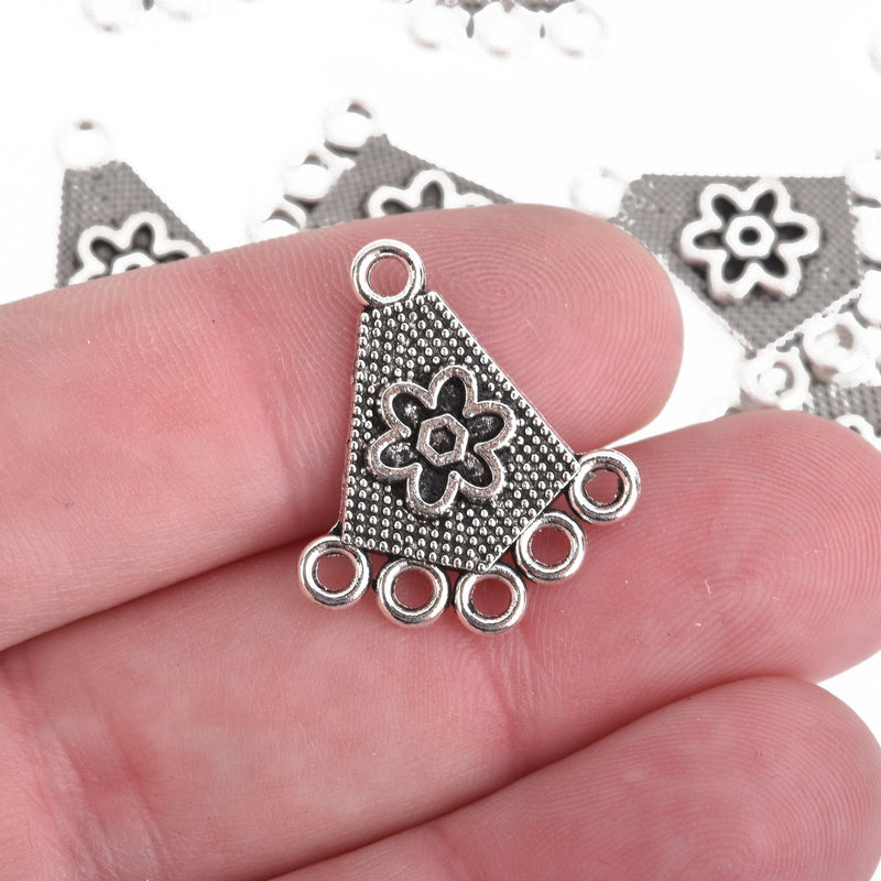 10 Silver Metal Triangle Chandelier Charms Connector Links with flower detail 24x20mm chs4173