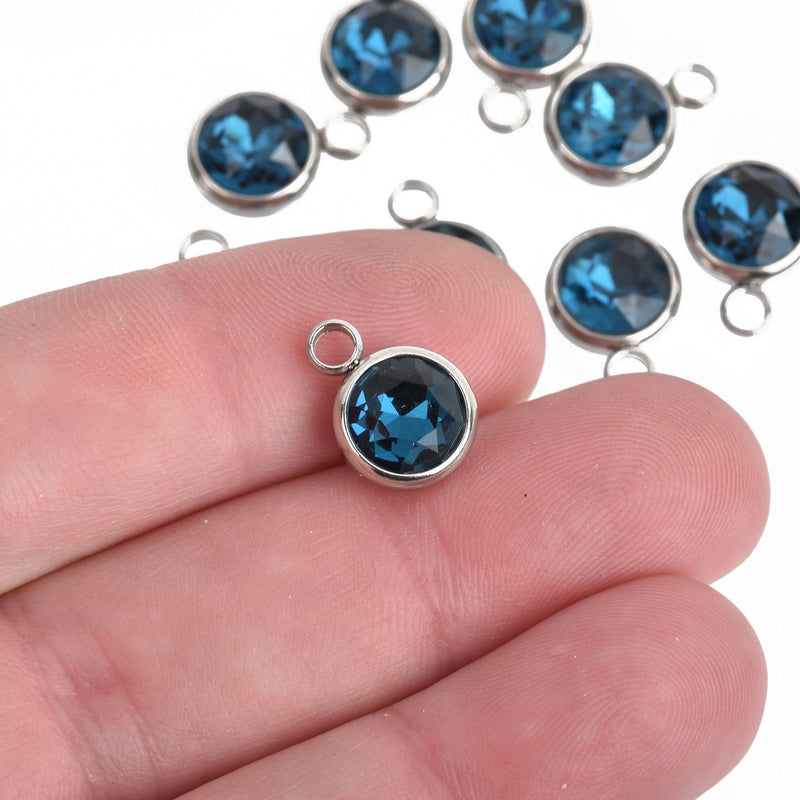 5 TEAL BLUE Drop Charms 10mm Stainless Steel and Rhinestone Crystal Dot Charms chs4177