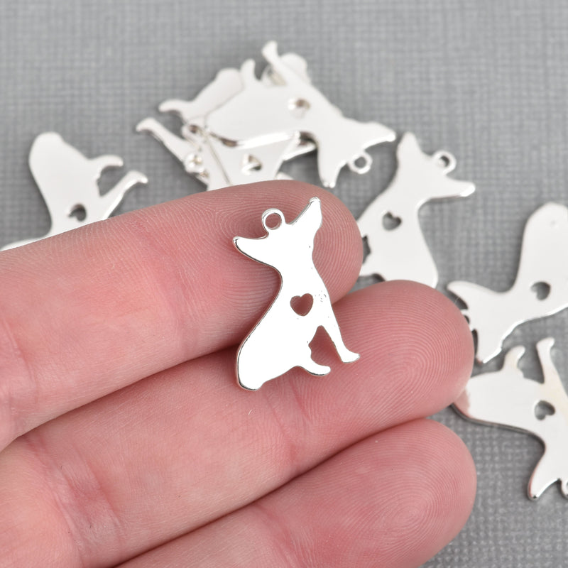 10 Silver Sitting Dog Charms with open HEART Chihuahua Rat Terrier 20x15mm chs4179