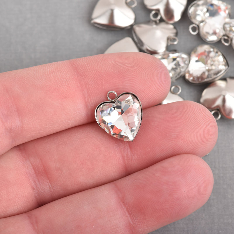 10 Stainless Steel Glass Faceted Heart Pendant Charms 14x13mm chs4182