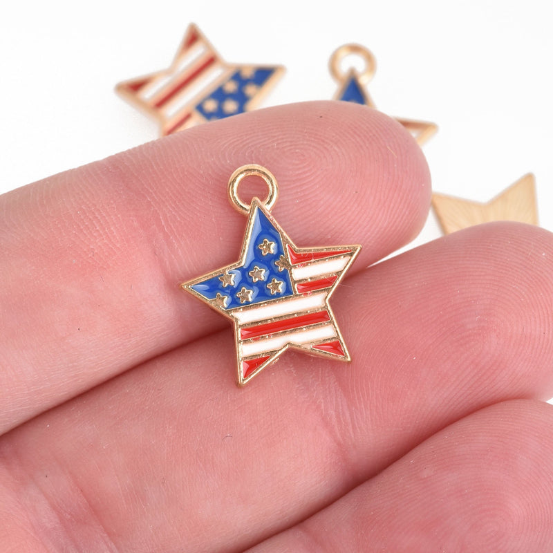 5 Gold Plated USA FLAG Star Pendants Charms, red white blue enamel 19x16mm chs4184