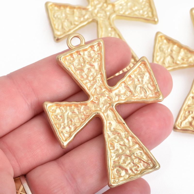 2 Large Matte GOLD Cross Charms Distressed Double Sided Crosses with Bail 2.5" long chs4187