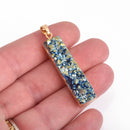 BLUE GOLD DRUZY Bar Pendant Gold Bail, Natural Druzy Agate Quartz Gemstones 40mm chs4194