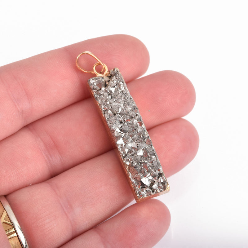 SILVER DRUZY Bar Pendant Gold Bail, Natural Druzy Agate Quartz Gemstones 40mm chs4190