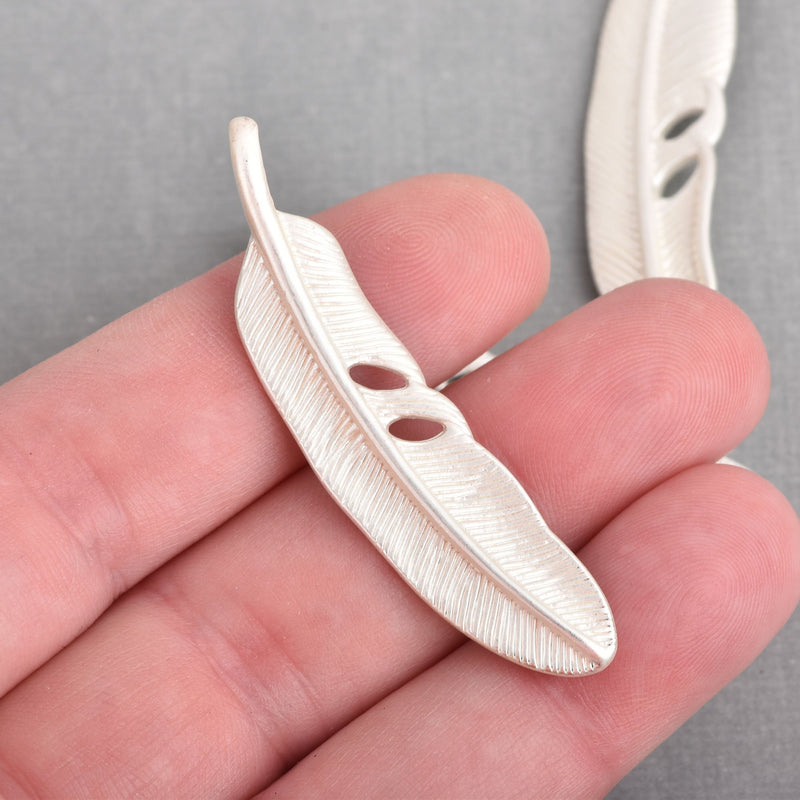 2 Large MATTE SILVER FEATHER double sided pendant charm with hidden bail 53x12mm chs4198