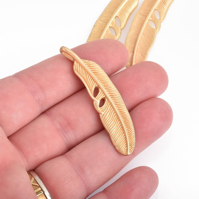 2 Large MATTE GOLD FEATHER double sided pendant charm with hidden bail 53x12mm chs4199
