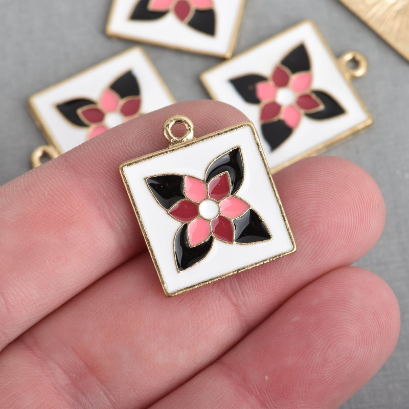 5 Gold Enamel Square Flower Charms Pink Multi Color Floral 24mm chs4200