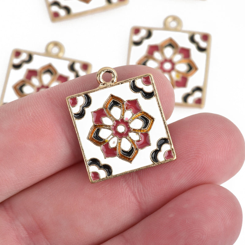 5 Gold Enamel Square Flower Charms RED Multi Color Floral 24mm chs4201