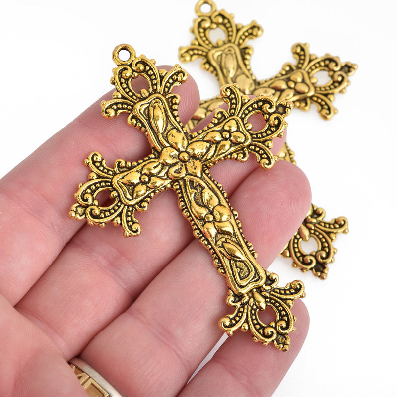 2 Large Gold Cross Pendants Ornate Floral and Flourish Detail 75x55mm chs4205