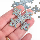 2 Blue Maltese Cross Charms Filigree with Blue Verdigris Patina over Gold Metal 55mm chs4207