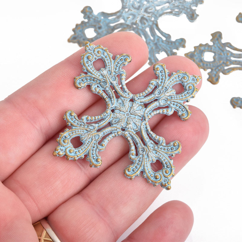 2 Blue Maltese Cross Charms Filigree with Blue Verdigris Patina over Gold Metal 55mm chs4207
