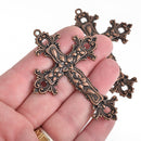 2 Large Copper Cross Pendants Ornate Floral and Flourish Detail 75x55mm chs4212