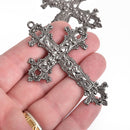 2 Large Gunmetal Black Cross Pendants Ornate Floral and Flourish Detail 75x55mm chs4213