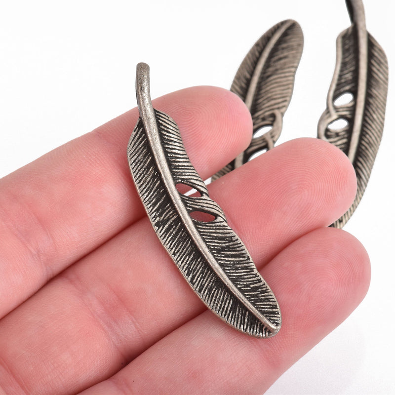 4 Large GUNMETAL FEATHER pendant charm with hidden bail 53x12mm chs4215
