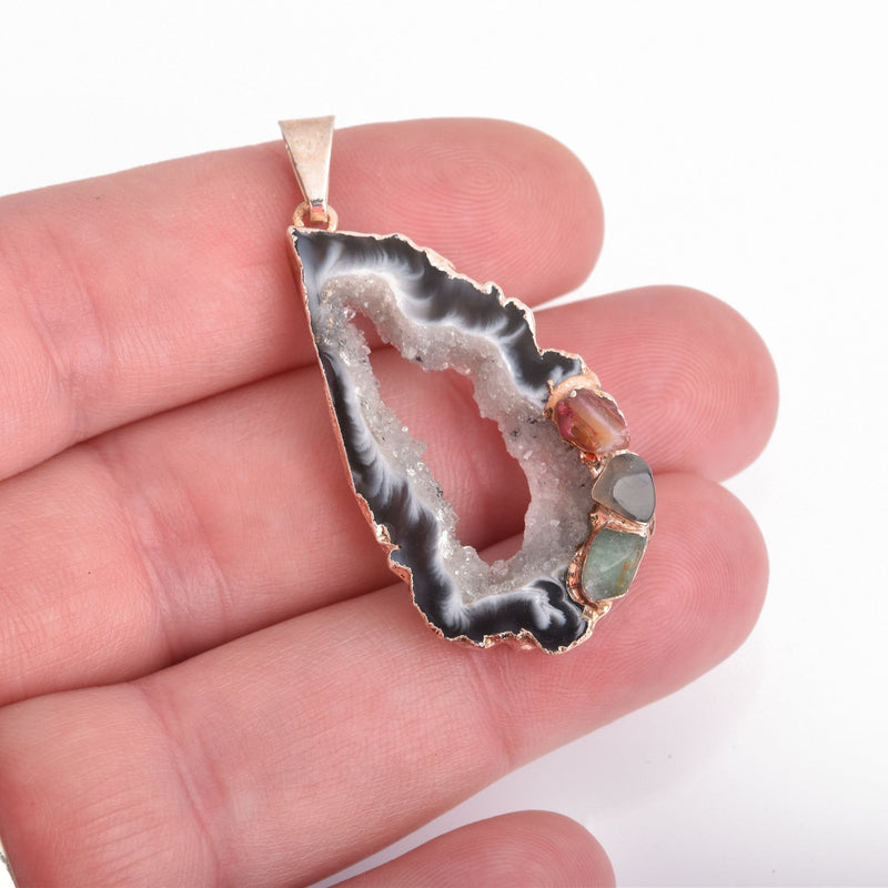 Natural Druzy Gemstone Geode Pendant with silver oxidized bail and tiny gemstone nuggets 2" long, chs4217