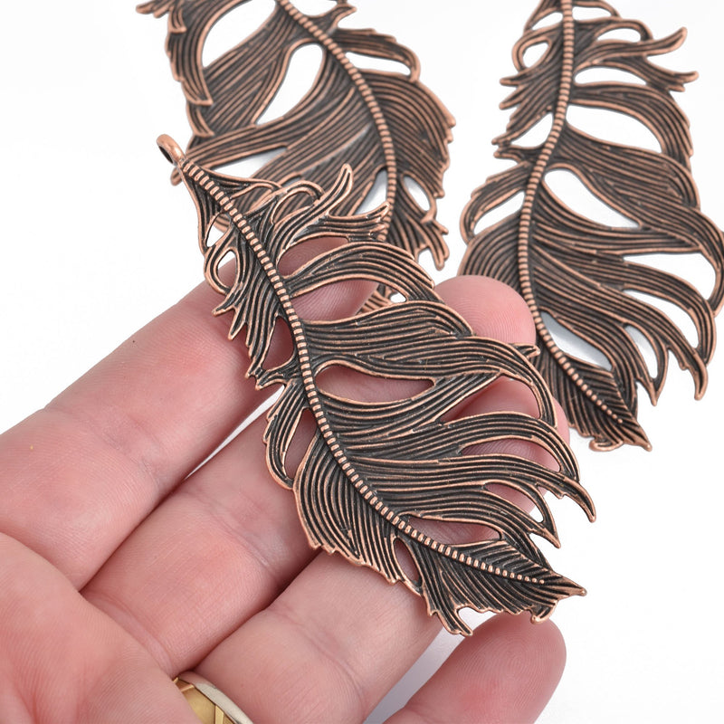 2 Large Copper Filigree FEATHER Charms 3-1/4" long chs4224