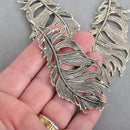 2 Large Silver Filigree FEATHER Charms 3-1/4" long chs4225
