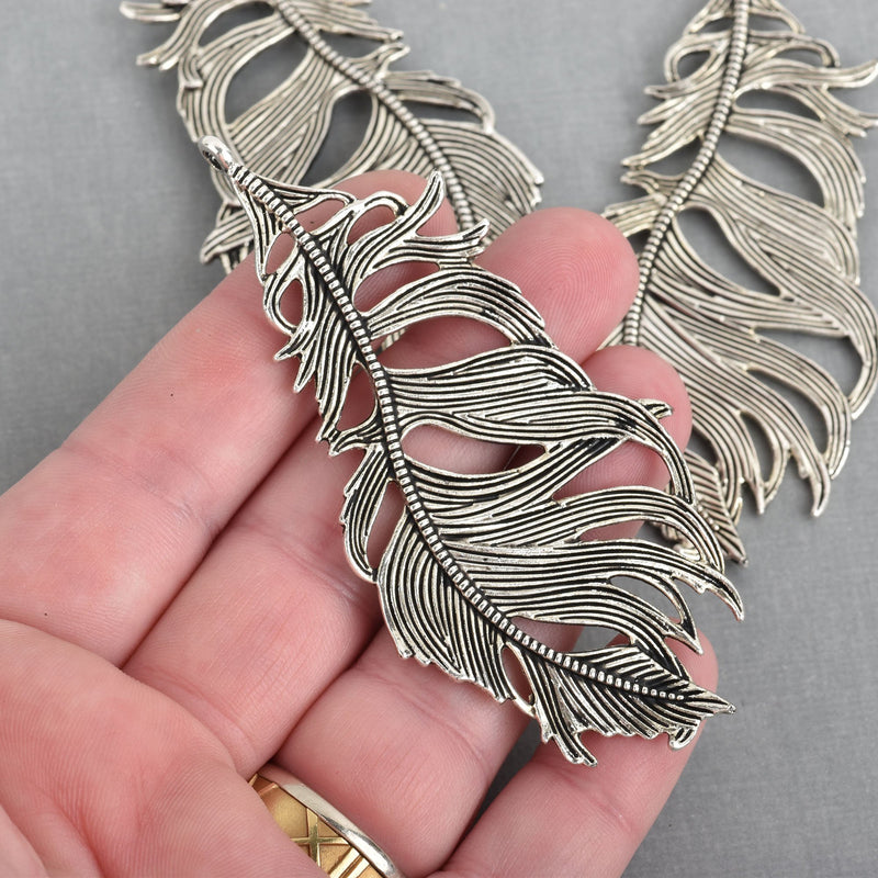 2 Large Silver Filigree FEATHER Charms 3-1/4" long chs4225