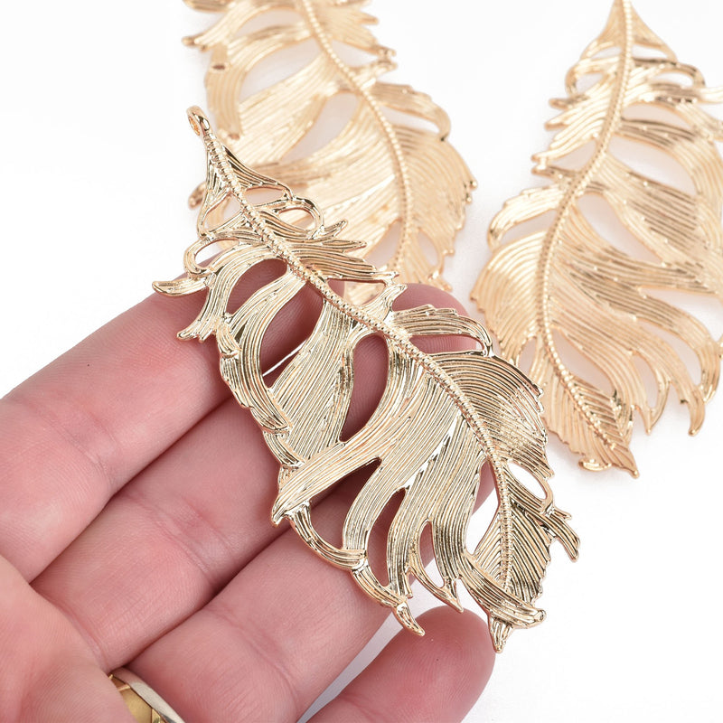 2 Large Light Gold Filigree FEATHER Charms 3-1/4" long chs4226