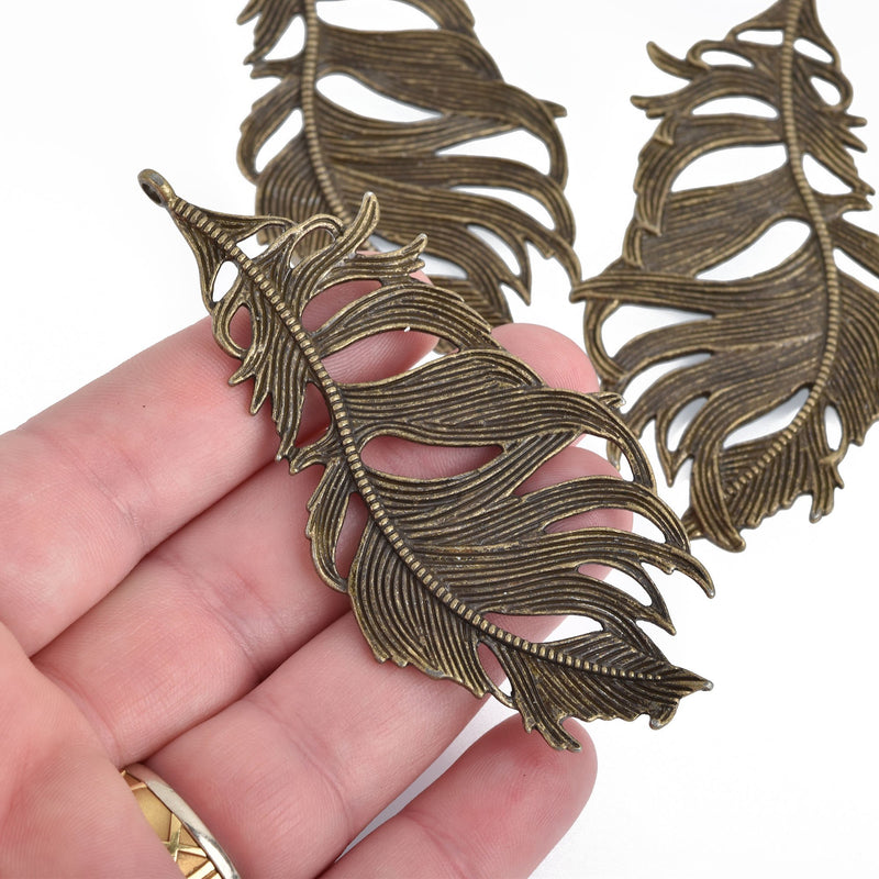 2 Large Bronze Filigree FEATHER Charms 3-1/4" long chs4228