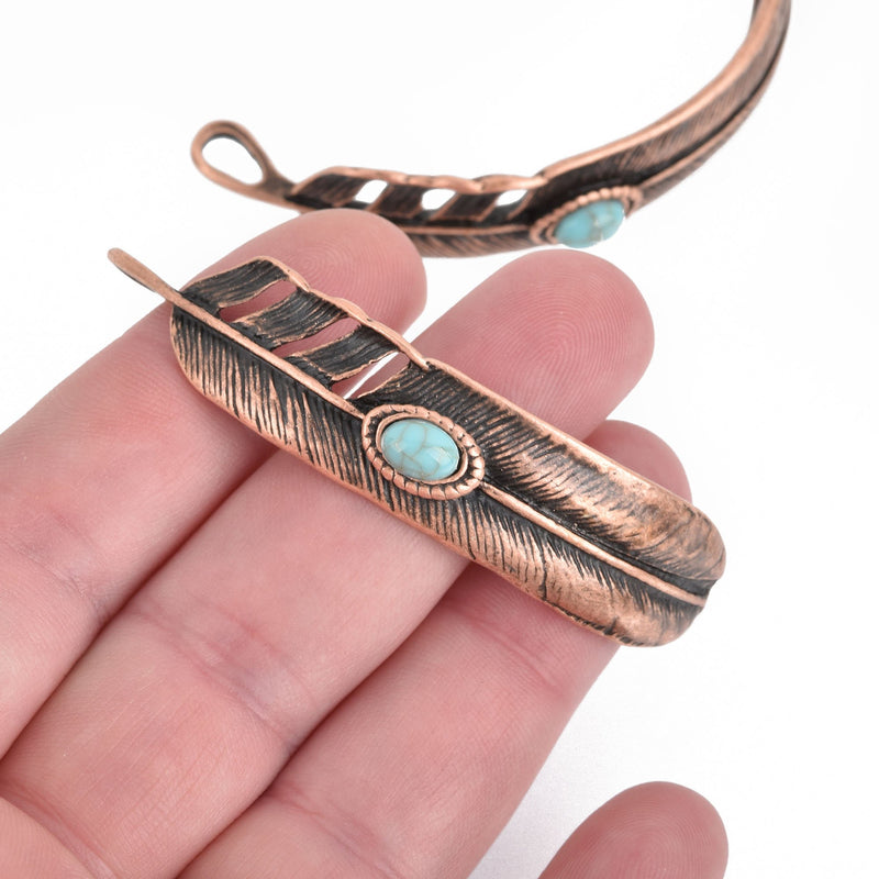 5 FEATHER Bracelet Connector Charms COPPER turquoise blue accent 2.5" chs4238