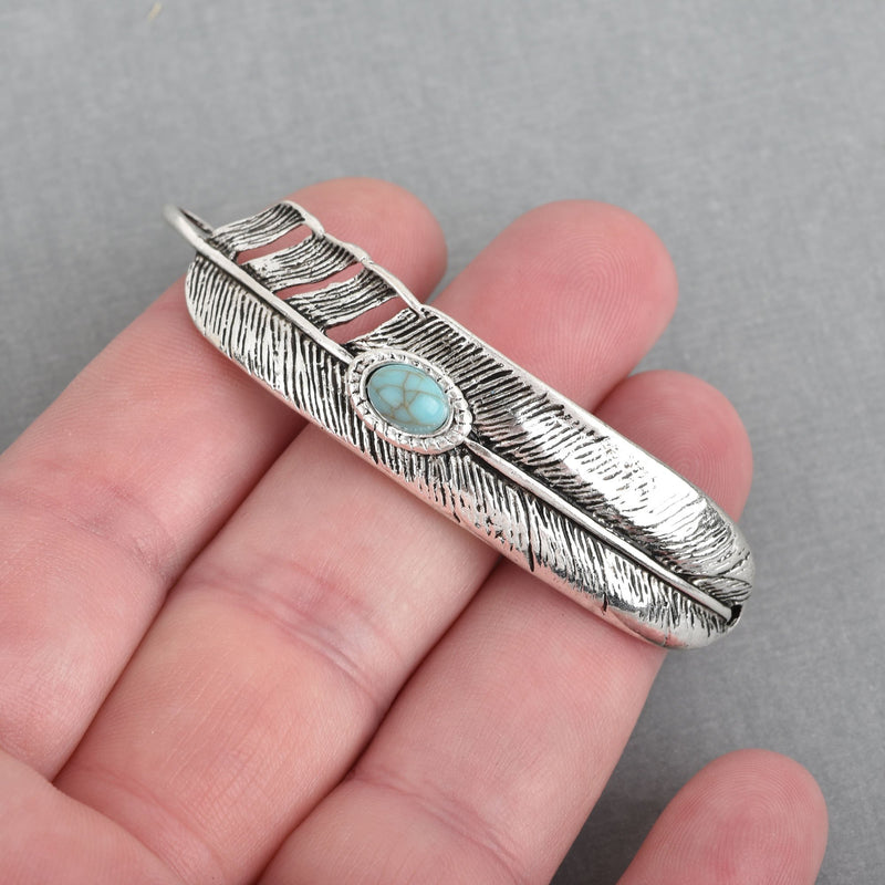 5 FEATHER Bracelet Connector Charms SILVER turquoise blue accent 2.5" chs4241