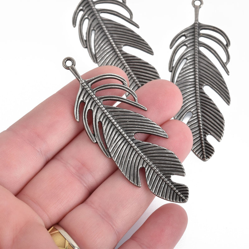 5 Large Gunmetal Filigree FEATHER Charms 2-3/4" long chs4242