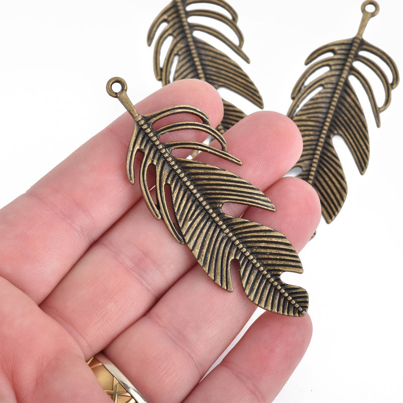 5 Large BRONZE Filigree FEATHER Charms 2-3/4" long chs4244