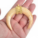 TAN Natural Bone Double Horn Pendant, Large Crescent Horn, Brass Bail, Upside Down Moon, 2-3/4" wide, chs4258