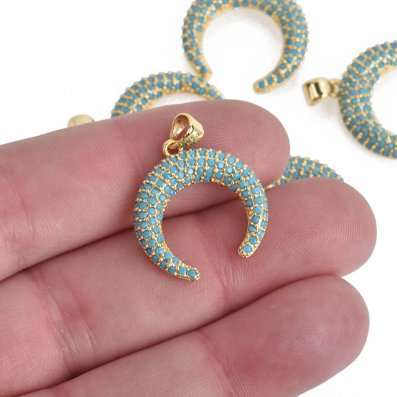 Gold and Blue Double Horn Micro Pave Charm 27x20mm, chs4273